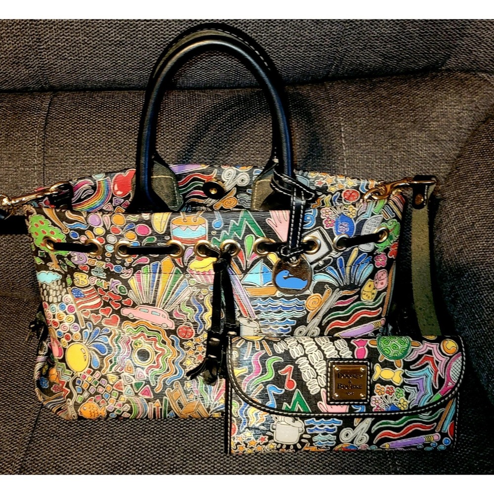Dooney & Bourke Doodle Print Satchel Bag and Matching Wallet Set Multicolor Y2K